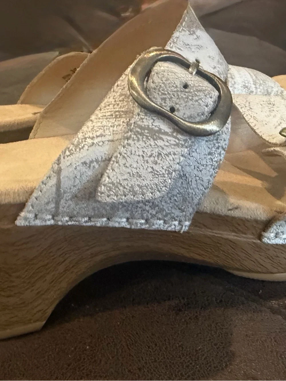 Dansko White Metallic Double Buckle Slide Sandals